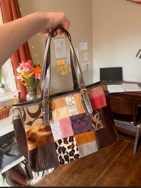 Coach 2006 Holiday Patchwork Gallery Tote cheetah brown purple Y2k
